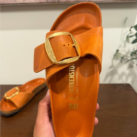 Birkenstock Madrid Big Buckle | Tan/Orange Slides with Gold Buckle - Picture 8 of 15
